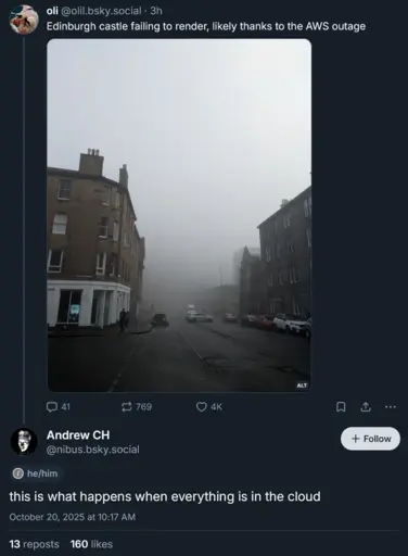 Microblog post:"Edinburgh castle failing to render, likely thanks to the AWS outage" Very foggy picture. Reply:"this is what happens when everything is in the cloud"
